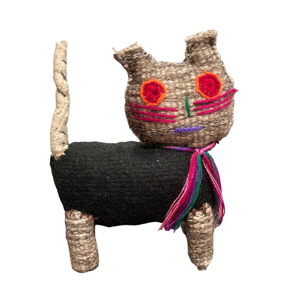 Mexican Hand Stitched Felt Cat Kitty Wool Figure Multicolor Stuffed Toy Doll